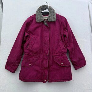 Vintage LL Bean Jacket Womens S Red Burgundy Chore Coat Sherpa Removable Collar